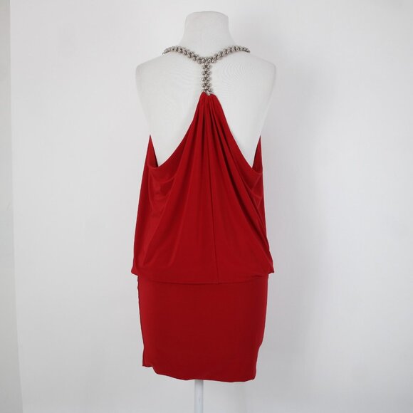 Cache Sz XS Red Silver Beads Racer Back Draped Polyester Spandex Dress - Picture 7 of 14